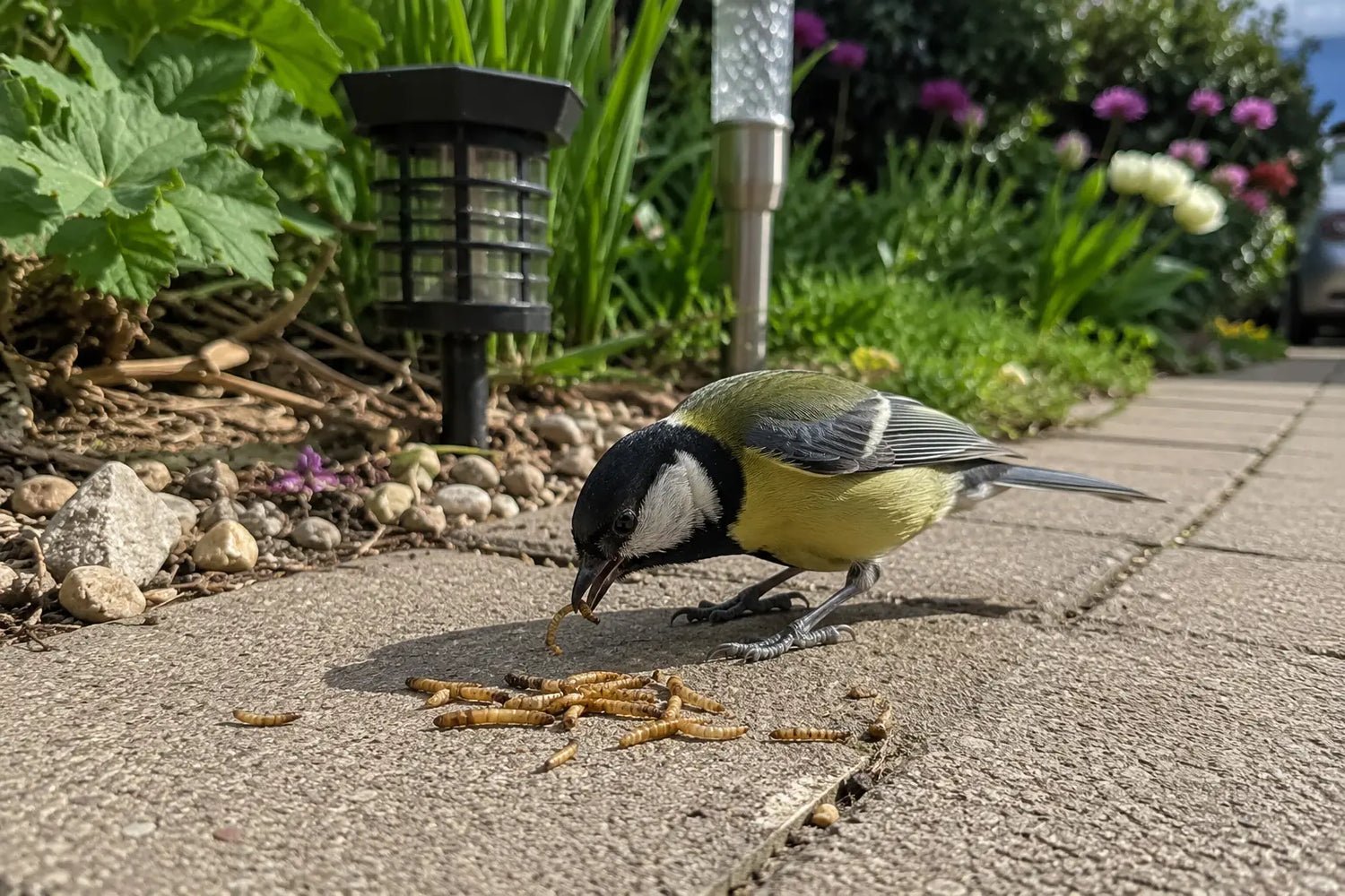 Kohlmeise frisst getrocknete Mehlwürmer im Garten – proteinreiche Nahrung für Meisen und andere heimische Wildvögel während Brutzeit und Jungenaufzucht.