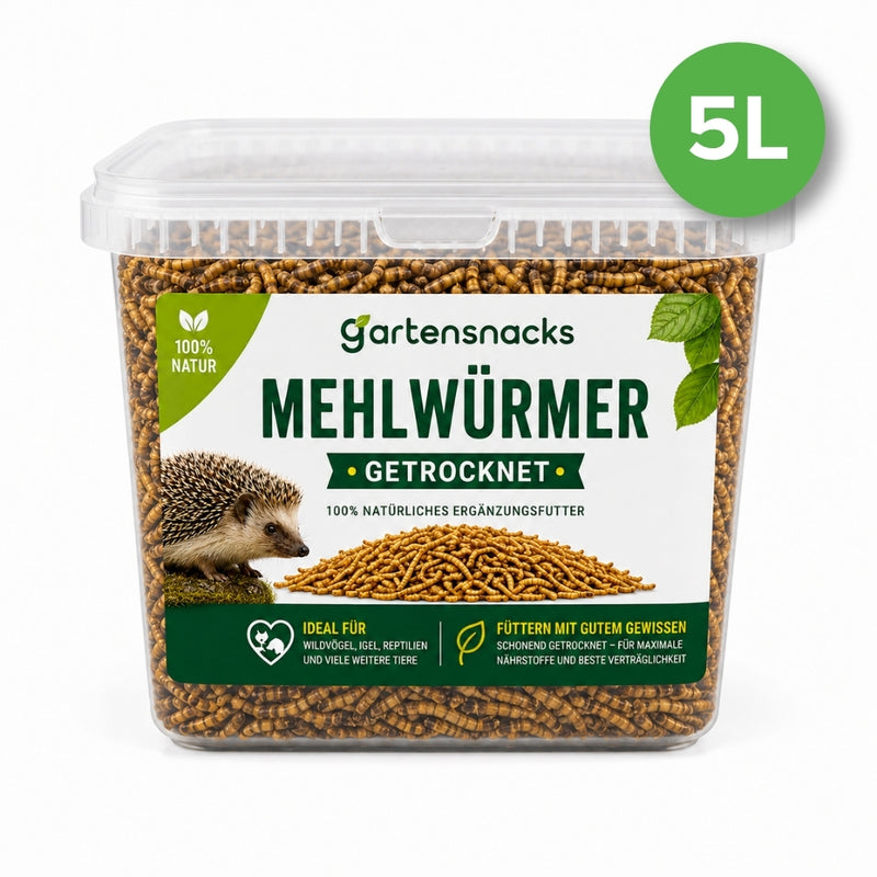 Getrocknete Mehlwürmer 5L, Insektensnack für Igel, Vögel, Fische, Schildkröten und Reptilien, Vogelfutter, Wildvögel, Ganzjährig, Igelfutter