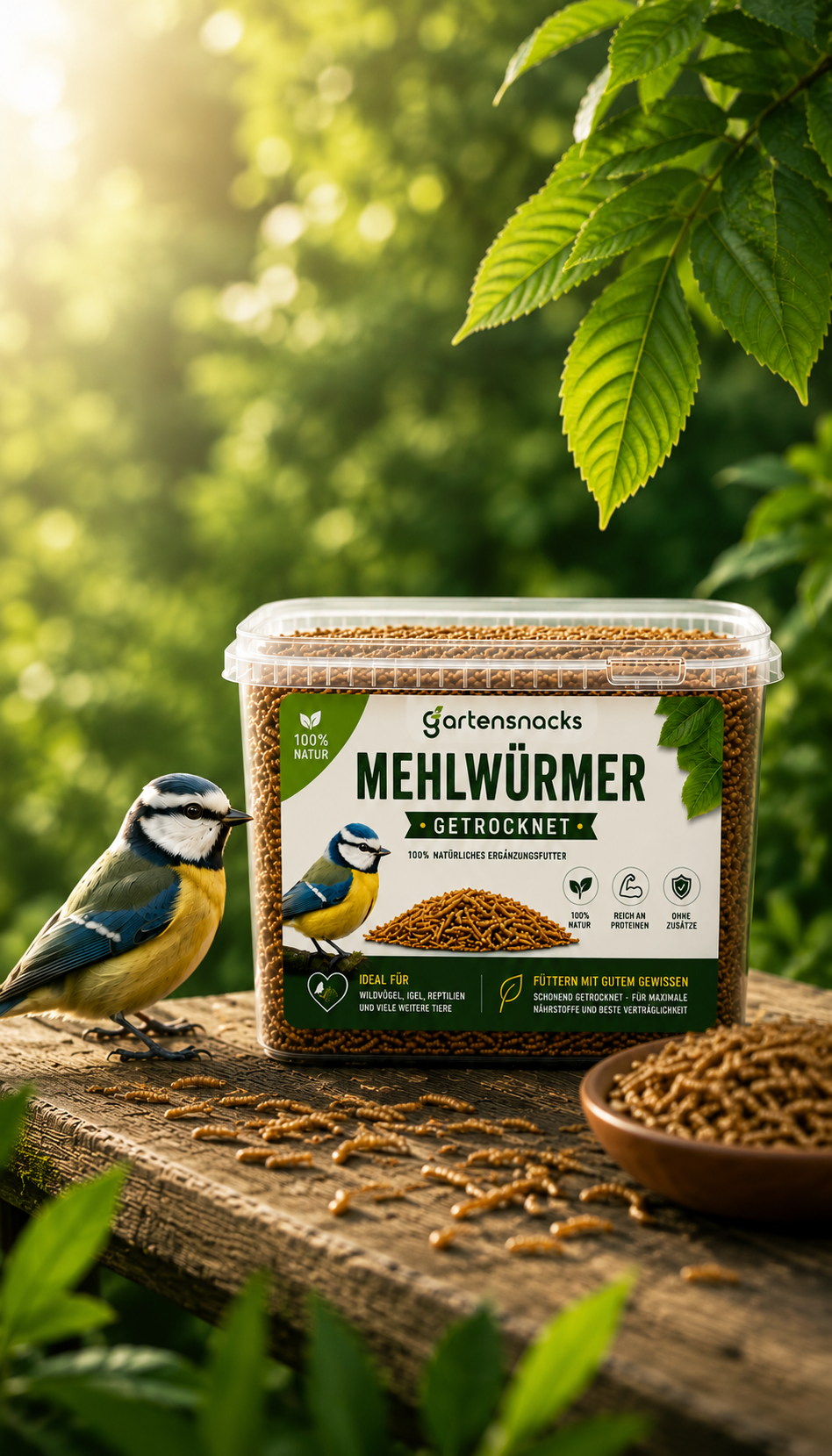 Getrocknete Mehlwürmer für Wildvögel im naturnahen Garten – proteinreiches Naturfutter für Meisen, Rotkehlchen und andere heimische Gartenvögel.
