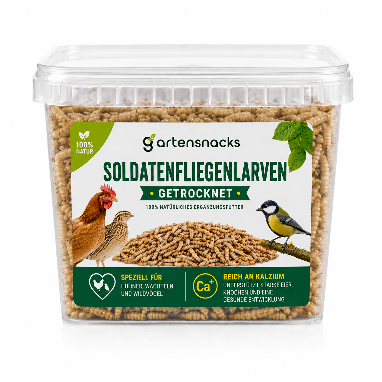 Getrocknete Soldatenfliegenlarven als proteinreiches Naturfutter für Wildvögel, Igel und Hühner – natürliche Ergänzungsnahrung mit wertvollen Mineralstoffen und Kalzium.