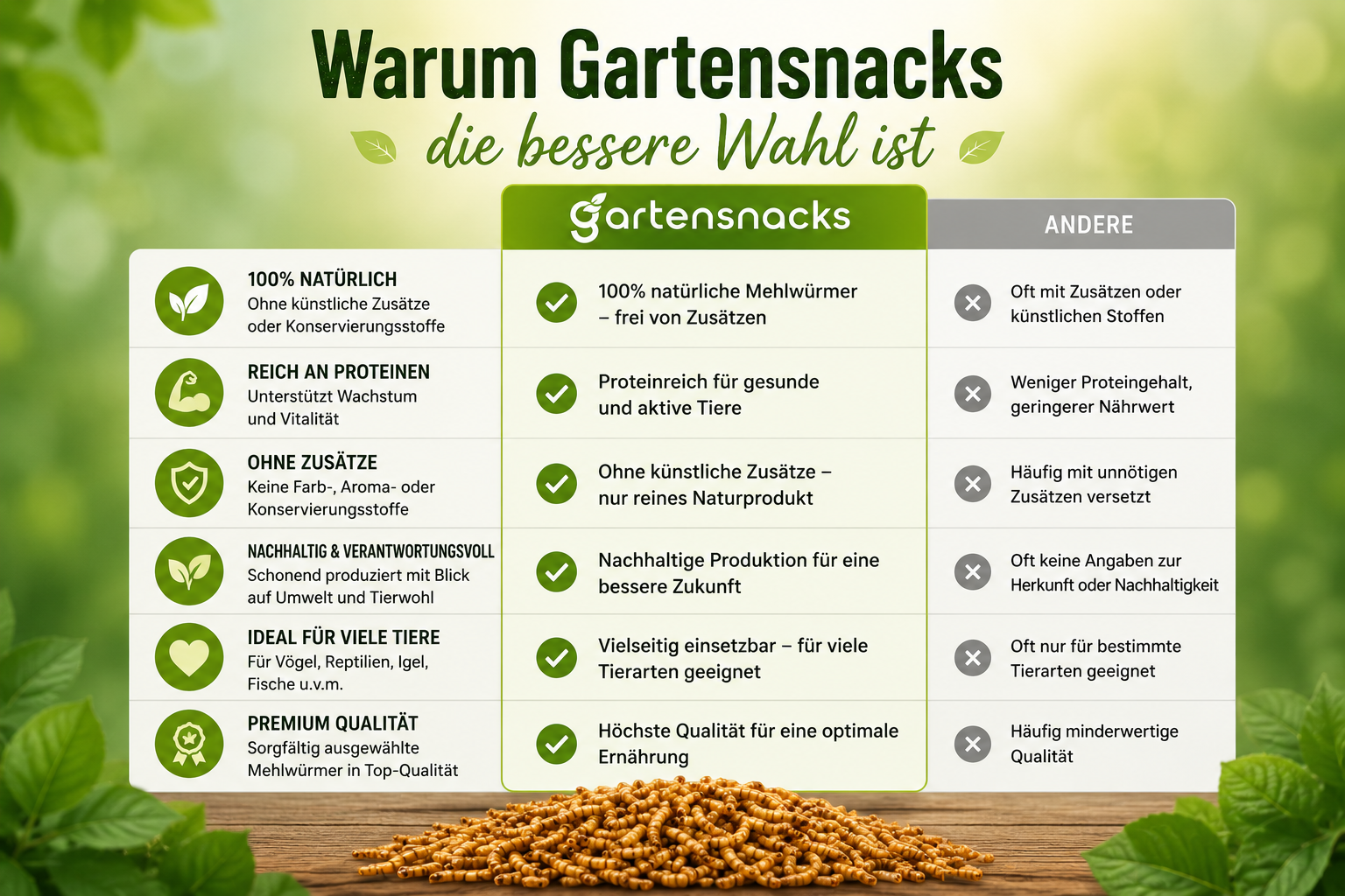 Vergleich natürlicher Gartensnacks Mehlwürmer mit herkömmlichen Produkten – proteinreiches Naturfutter ohne künstliche Zusätze für Wildvögel, Igel, Hühner und andere Tiere.
