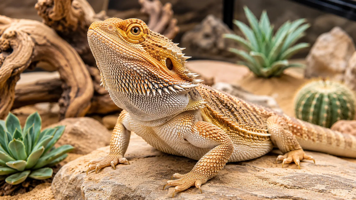 Bartagame im Terrarium – viele Reptilien fressen Insekten und profitieren von proteinreicher Nahrung wie getrockneten Mehlwürmern als Ergänzungsfutter.