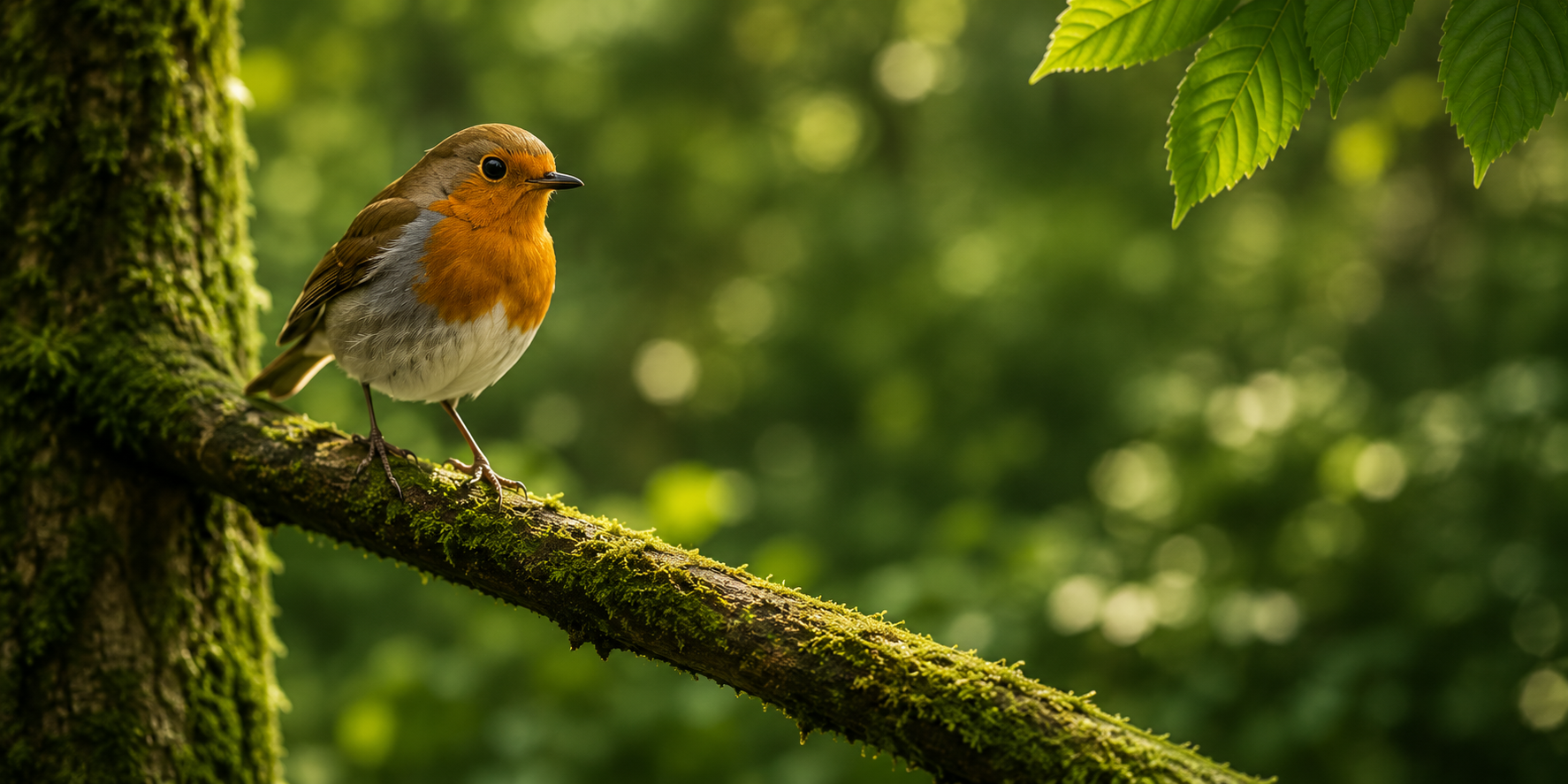 Rotkehlchen auf einem moosbewachsenen Ast im Garten – heimischer Wildvogel, der proteinreiche Mehlwürmer als natürliche Nahrungsquelle nutzt.
