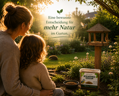 Mutter und Kind beobachten Wildvögel an einer Futterstelle im Garten – getrocknete Mehlwürmer unterstützen heimische Gartentiere und fördern mehr Natur und Artenvielfalt im eigenen Garten.
